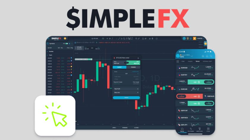 Điện thoại và máy tính bảng hiển thị biểu đồ Forex kèm logo SimpleFX, sàn thành lập năm 2014, nổi bật với nạp rút bằng tiền điện tử