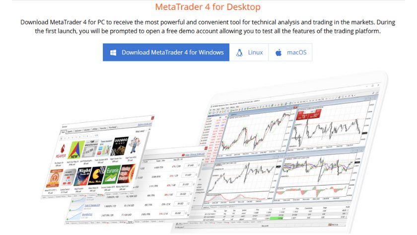 Ảnh chụp vị trí tải file cài đặt MT4 trên trang MetaTrader 4, chọn đúng phiên bản cho hệ điều hành