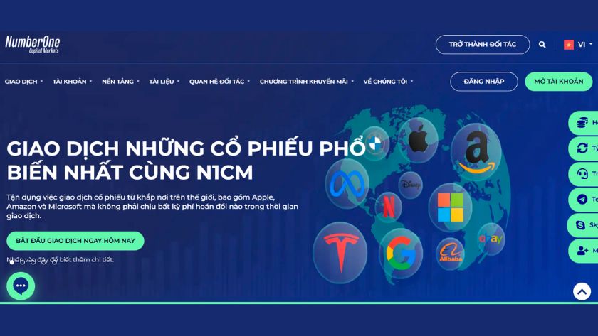 Ảnh chụp màn hình trang chủ N1CM, sàn môi giới toàn cầu đặt trụ sở tại Vanuatu, được cấp phép bởi VFSC với spread từ 0.1 pip