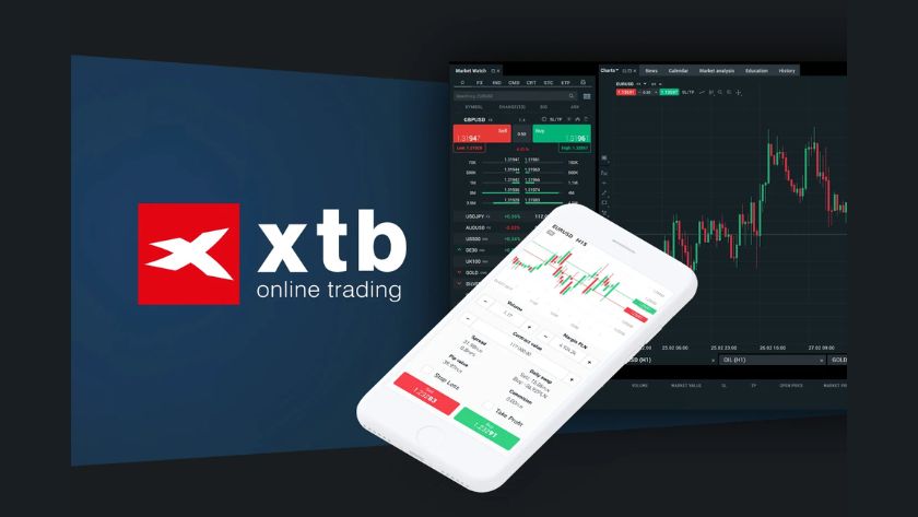 Ảnh biểu đồ Forex kèm logo XTB, sàn niêm yết trên Sở giao dịch Chứng khoán Warsaw, sở hữu giấy phép FCA, KNF, CySEC, IFSC, CNMV và DFSA