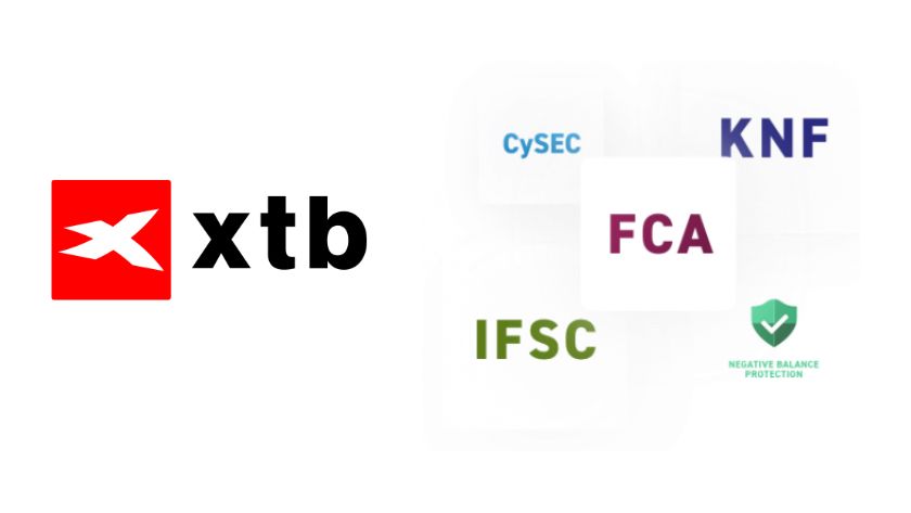 Logo sàn XTB và danh sách giấy phép từ FCA, KNF, CySEC, IFSC, DFSA đảm bảo an toàn và minh bạch tài chính