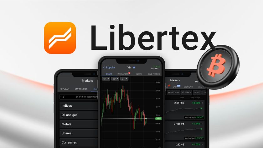 mô hình Market Maker của Libertex với điện thoại hiển thị biểu đồ và logo thương hiệu