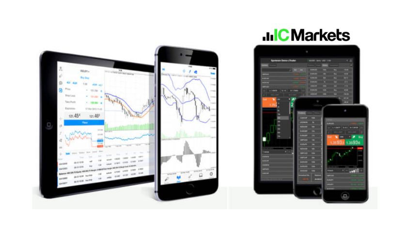 Hình ảnh thể hiện sự hiện đại và chuyên nghiệp trong giao dịch tại IC Markets thông qua các thiết bị di động và máy tính. Giao diện biểu đồ Forex trên điện thoại và máy tính cùng logo IC Markets
