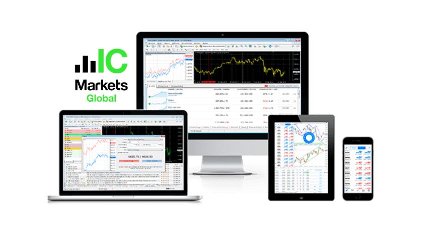 Hình ảnh thể hiện năng lực mở rộng quốc tế và các giấy phép tài chính uy tín của IC Markets trên nền tảng giao dịch đa thiết bị. Biểu đồ giao dịch hiển thị trên máy tính, laptop, điện thoại và tablet kèm logo IC Markets