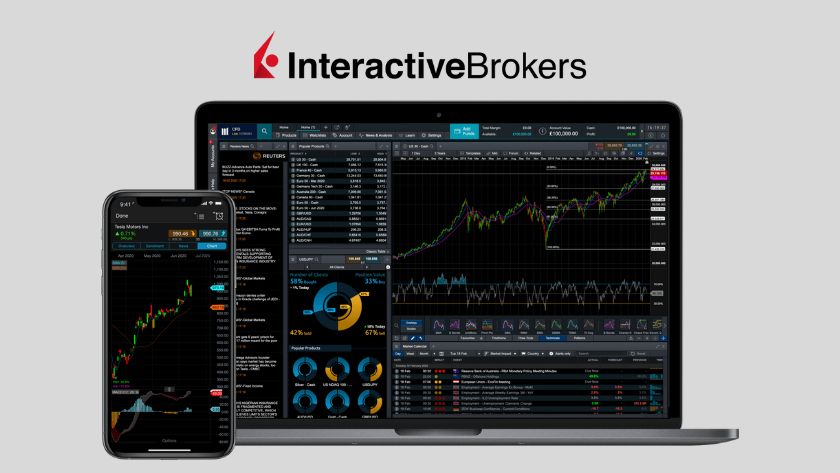 Hình ảnh đại diện cho sự uy tín, minh bạch và quy mô toàn cầu của Interactive Brokers với hệ thống giấy phép dày đặc từ các cơ quan quản lý hàng đầu thế giới. Màn hình biểu đồ giao dịch trên thiết bị điện tử kèm logo Interactive Brokers