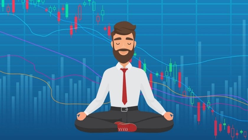 Định nghĩa tâm lý giao dịch trong thị trường Forex Hình ảnh người đàn ông ngồi thiền trên nền biểu đồ nến Nhật